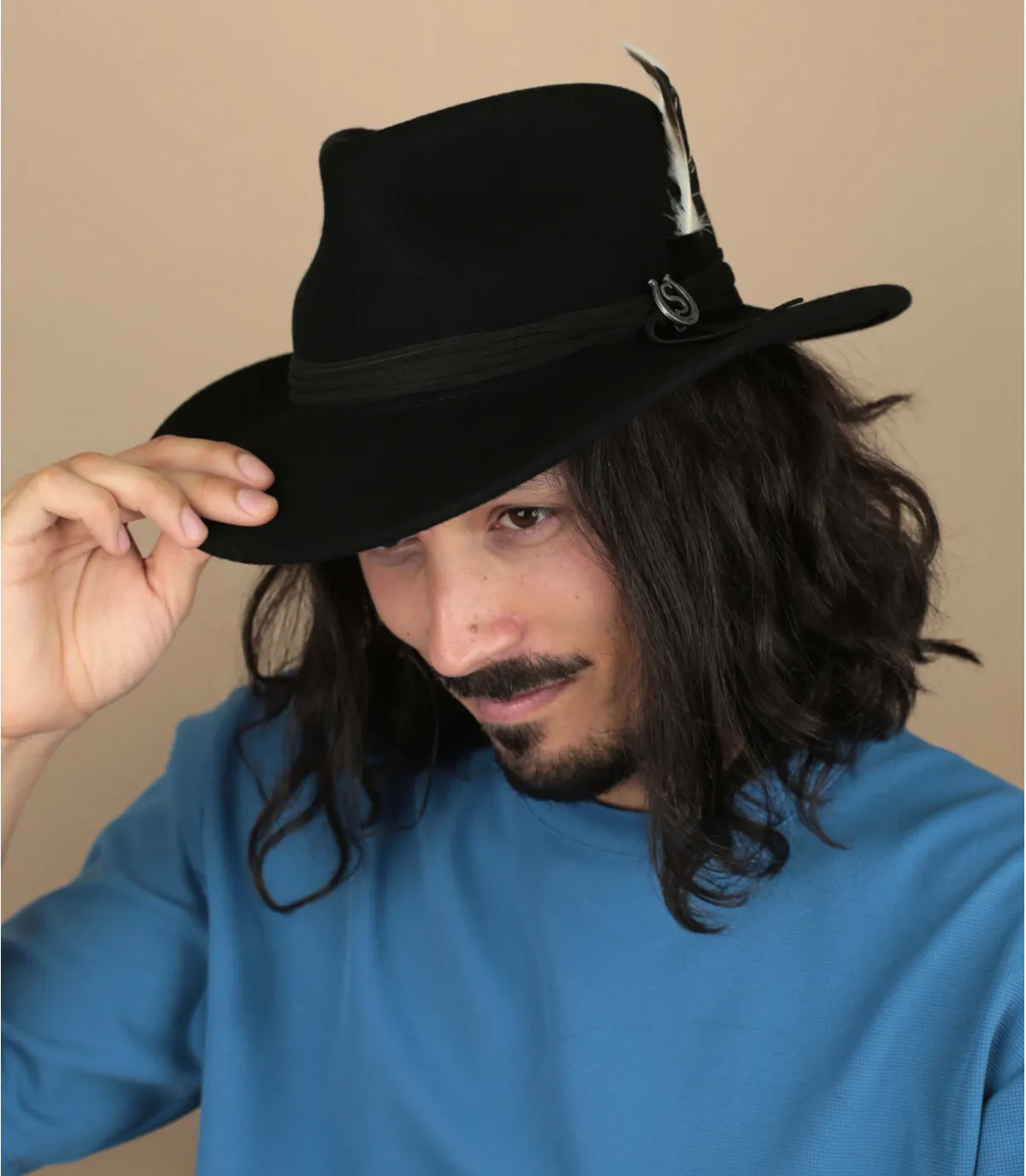 Cappello fedora piume di feltro nero  Western Woolfelt black     