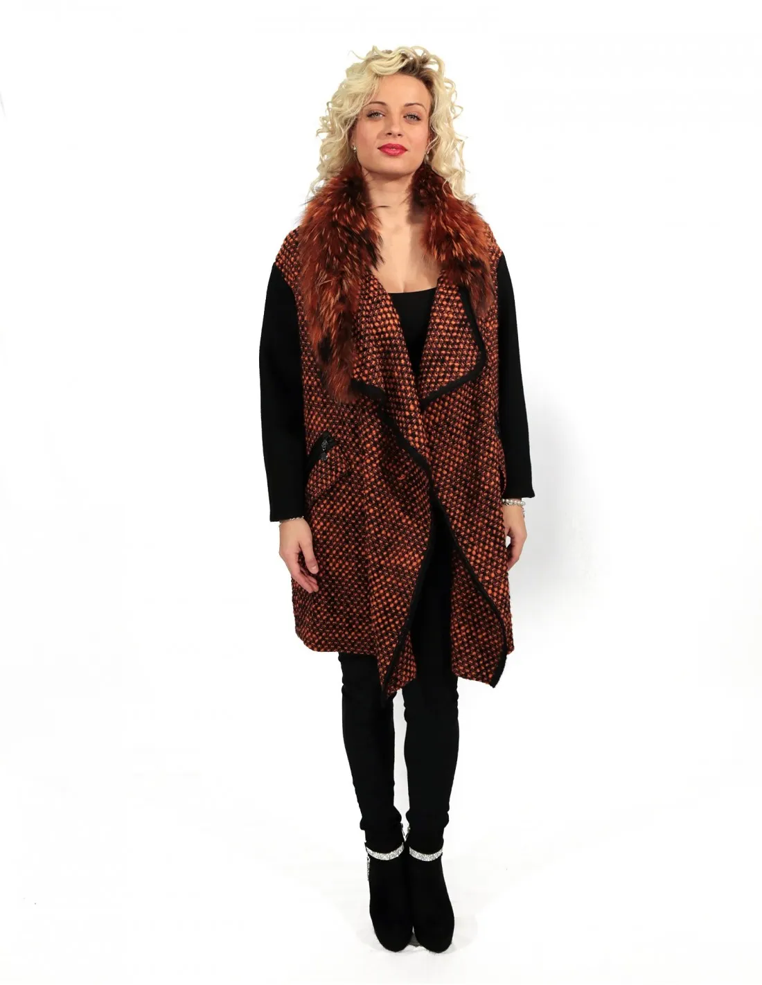 CAPPOTTINO LANA  NERO E ARANCIO CON TASCHE ZIP 54 